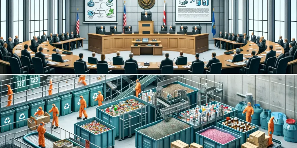 1. A detailed image of a courtroom where a judge is overseeing a hearing on pharmaceutical waste management laws. The courtroom should be filled with