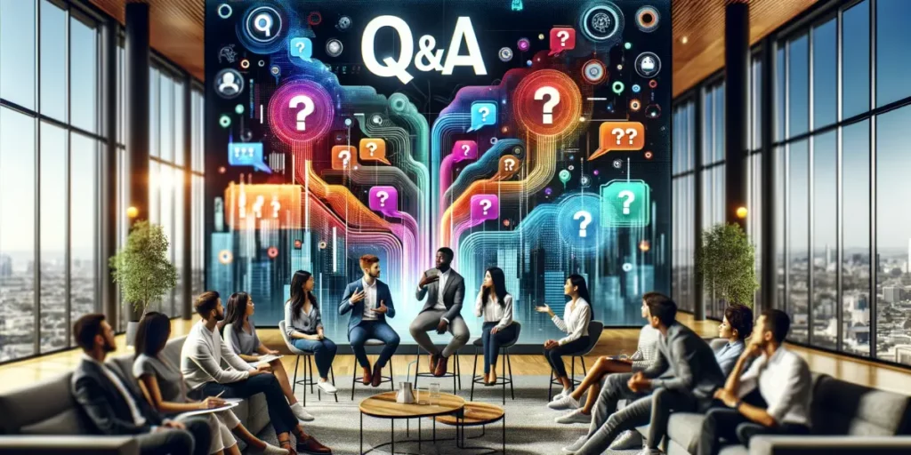 A Q&A session about knowledge sharing, set in a modern, tech-savvy environment. The scene depicts a diverse group of people engaged in a dynamic discu