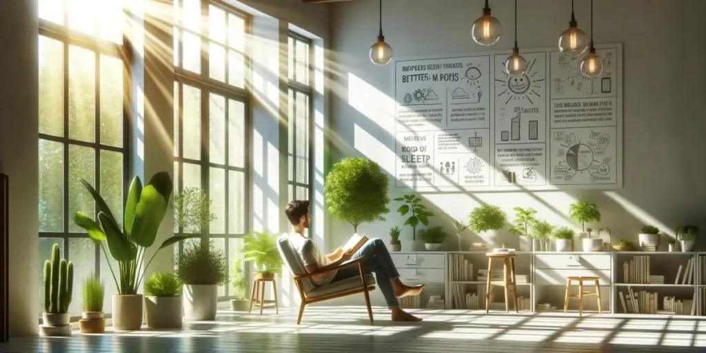 A brightly lit, airy room with large windows allowing natural light to flood in. There's a relaxed person sitting in a comfortable chair, reading a bo