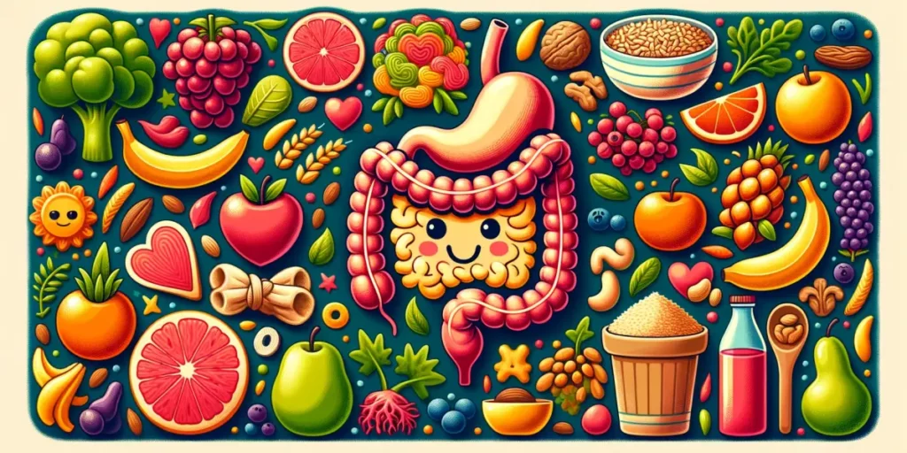 A colorful and engaging horizontal illustration highlighting the importance of dietary fiber for digestive health. The image features a happy, friendl