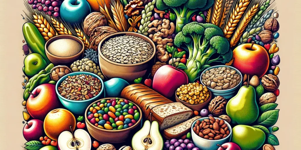 A colorful and engaging illustration depicting a variety of high-fiber foods. The image should showcase a range of foods like whole grains, legumes, n