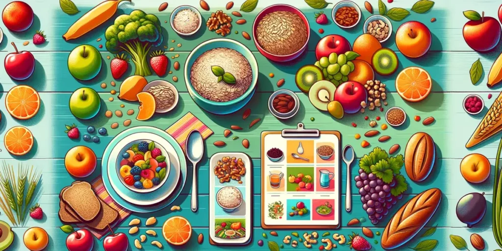 A colorful and engaging image illustrating the concept of increasing dietary fiber intake. The scene includes a breakfast table with a bowl of whole g