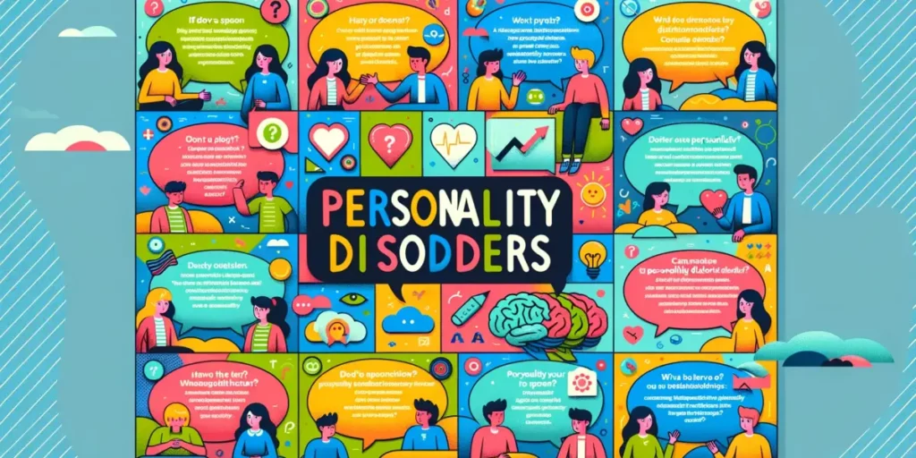 A colorful infographic styled illustration designed as a Q&A session on personality disorders. The top half of the image features diverse cartoon char