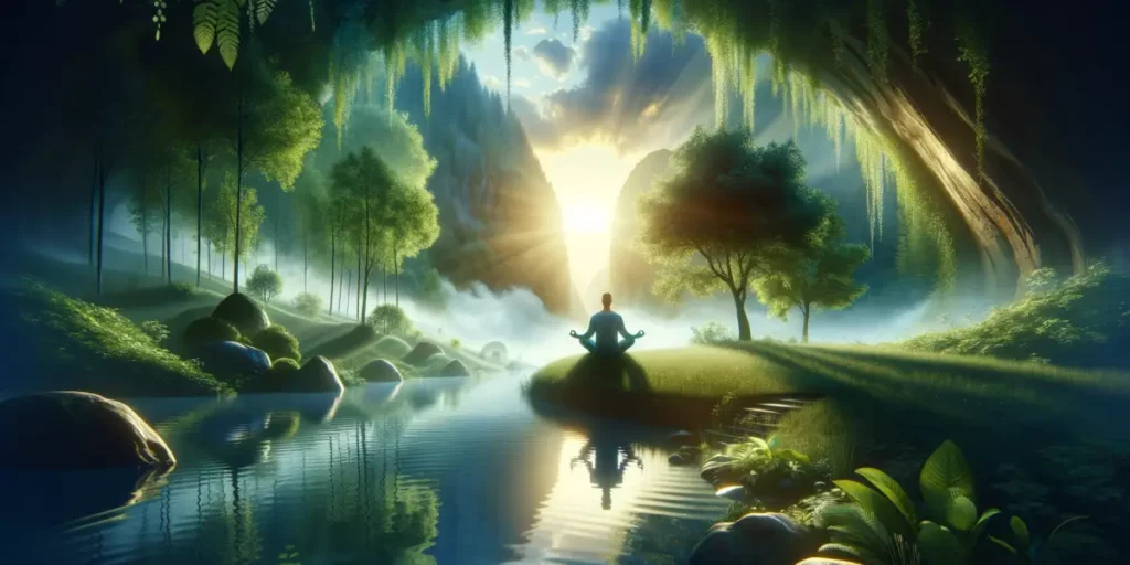A conceptual and inspirational image representing mental health and self-care. The image should depict a peaceful and serene landscape, symbolizing in