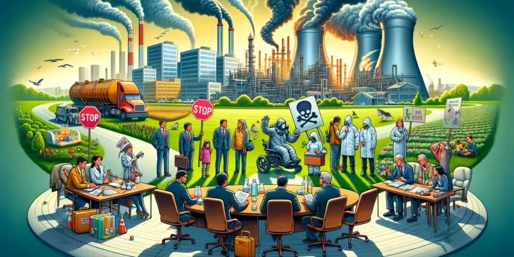 A conceptual illustration depicting social response and policy towards chemical exposure. The scene includes government officials discussing policies