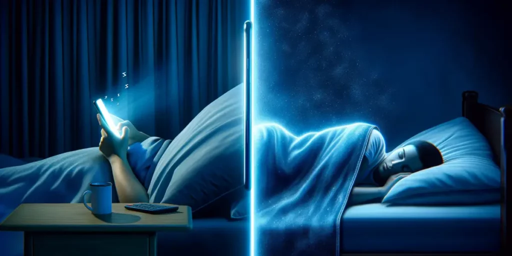 A conceptual image depicting the relationship between smartphone use and sleep quality. The left side of the image shows a person lying in bed at nigh