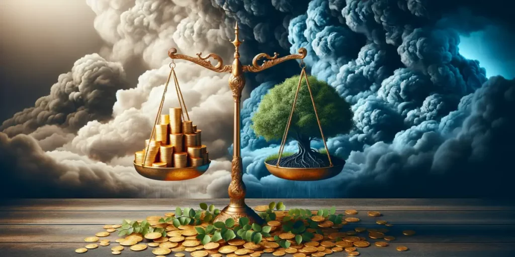 A conceptual image illustrating the balance of greed, depicting a scale in perfect balance, with one side holding a pile of gold coins and the other s