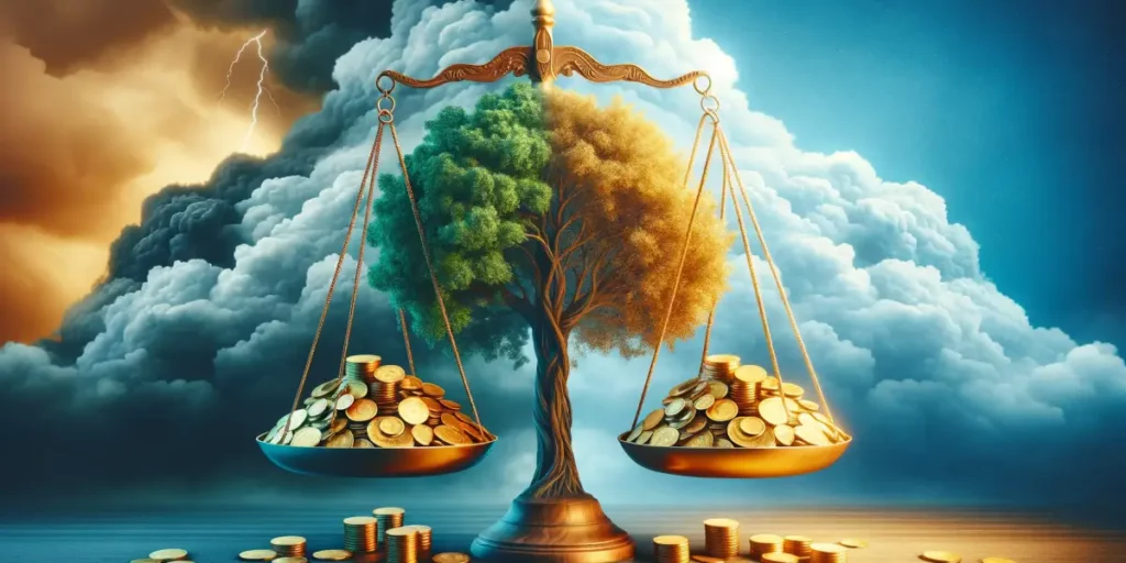 A conceptual image illustrating the balance of greed, depicting a scale in perfect balance, with one side holding a pile of gold coins and the other s (2)