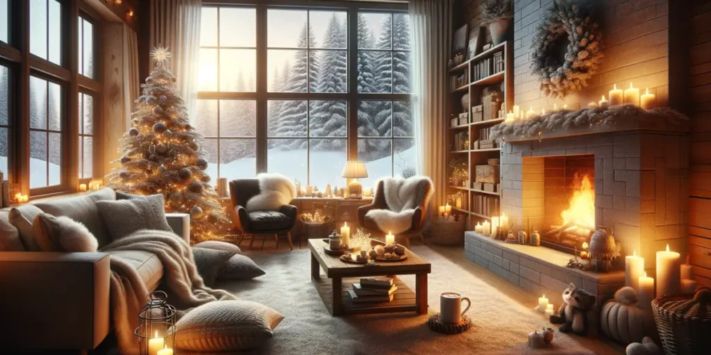 A cozy winter indoor scene, featuring a well-organized living room with a warm fireplace, comfortable furniture like a plush sofa and armchairs, and a