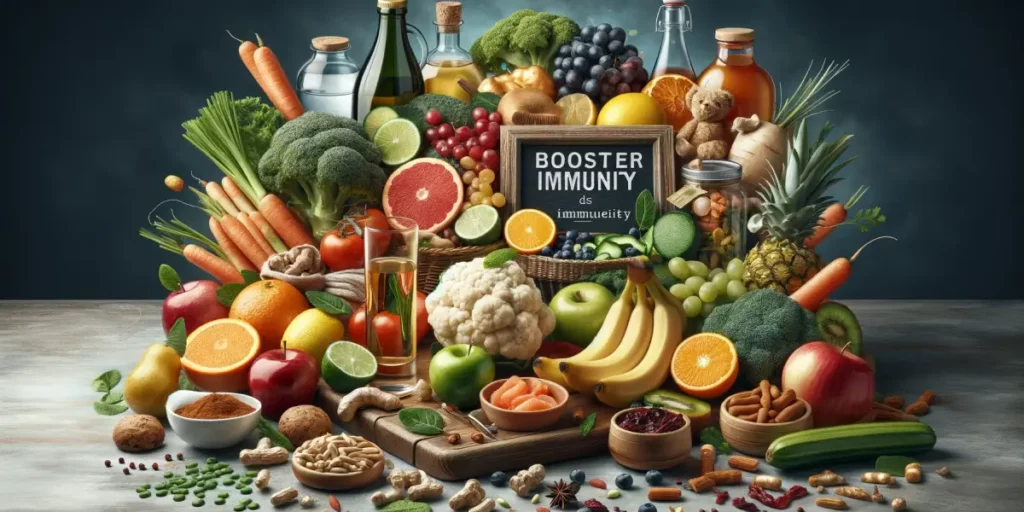 A depiction of a healthy eating lifestyle to boost winter immunity. The scene includes a variety of fruits and vegetables rich in Vitamin C, high-prot