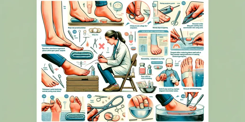 A detailed and informative illustration depicting various preventive measures and treatment methods for ingrown toenails. The image should show a pers