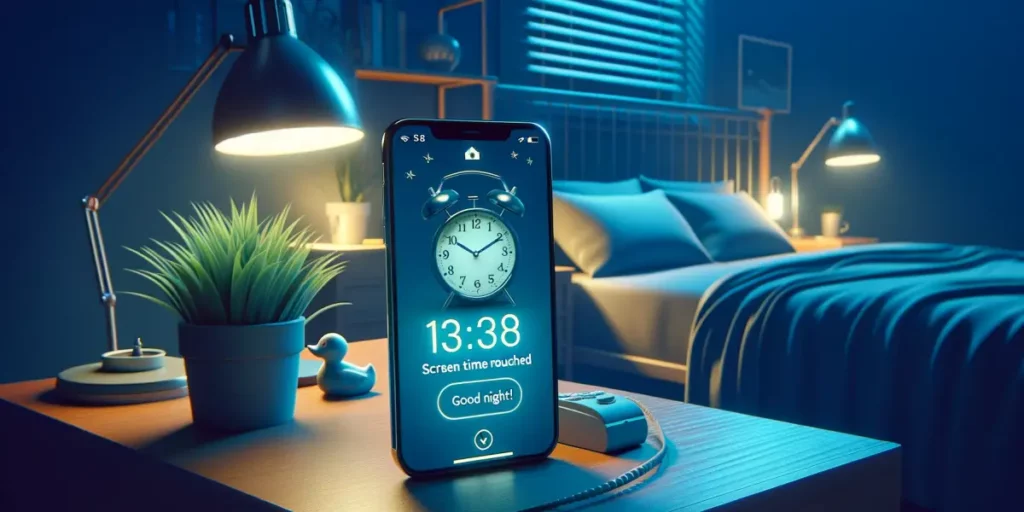 A digital illustration depicting smartphone usage regulation for improved sleep quality. The scene shows a bedroom at night with dim lighting. In the