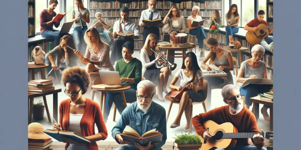 A diverse group of people in a library, representing various ages and ethnicities, engrossed in different activities that symbolize learning and growt