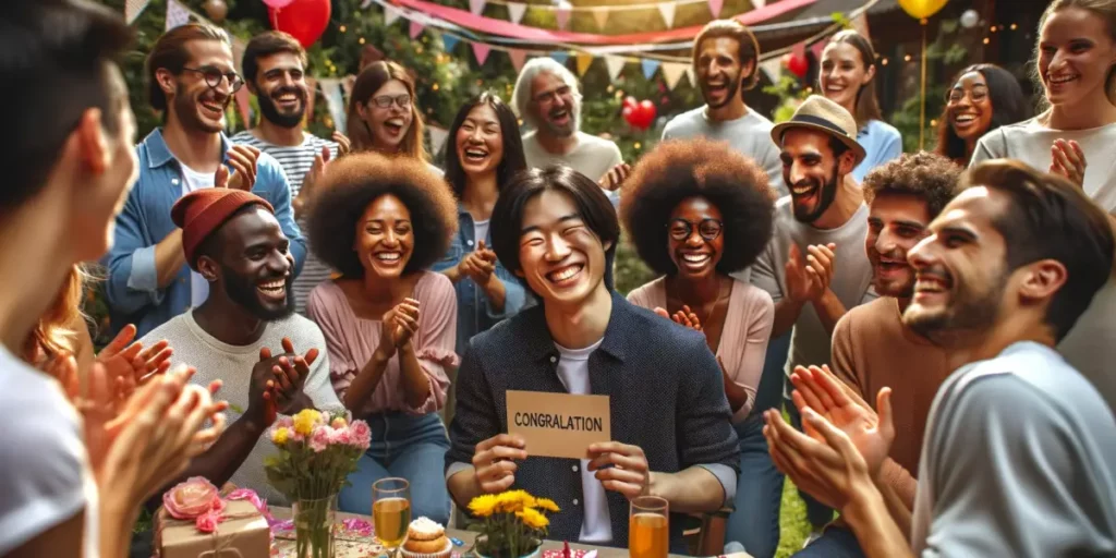 A group of diverse people gathered in a joyful celebration, expressing happiness and support for someone else's achievement. The scene is set outdoors