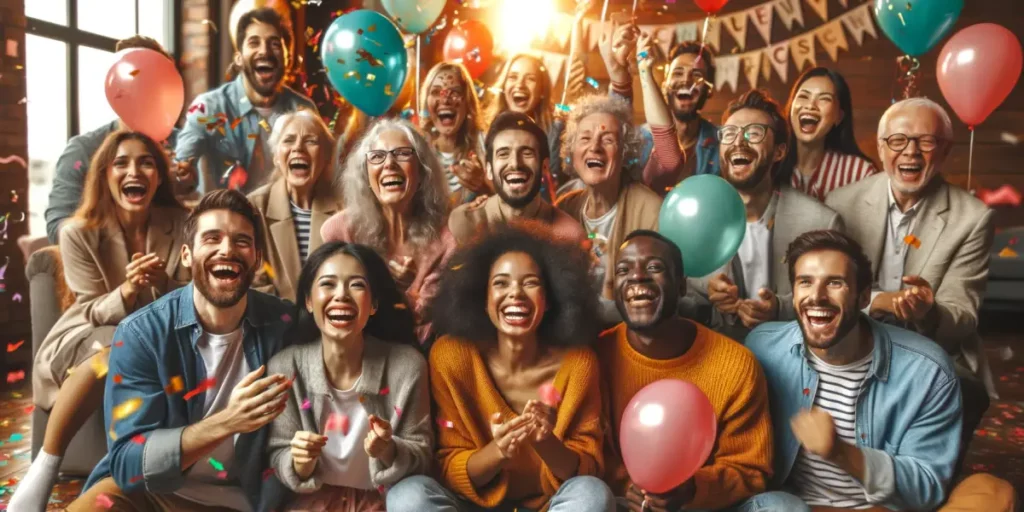 A group of diverse people of different ages and ethnicities celebrating together in a joyful, colorful setting. They are holding balloons and confetti