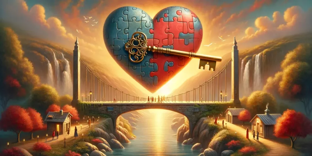 A metaphorical depiction of humor as a key opening a heart-shaped lock. The scene is set in a warm, inviting environment, perhaps a cozy room