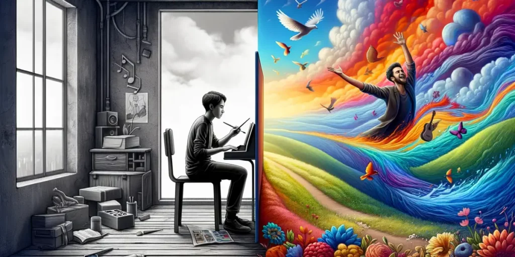 A panoramic artwork depicting a person's journey of growth and discovery through practice and freedom. The left side of the image shows a young indivi