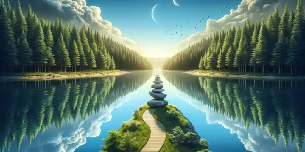 A serene and balanced landscape symbolizing mental wellness and self-protection. The scene includes a calm lake reflecting a clear sky, surrounded by