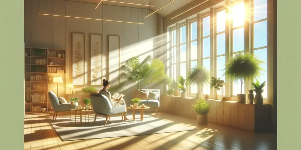 A serene and uplifting image depicting the positive effects of natural light on mental health. The scene shows a spacious, sunlit room with large wind