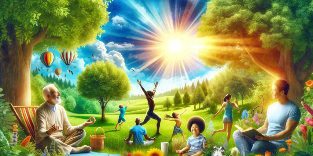 A serene and vibrant outdoor scene, depicting the benefits of natural sunlight and vitamin D on health. The image shows a diverse group of people, inc