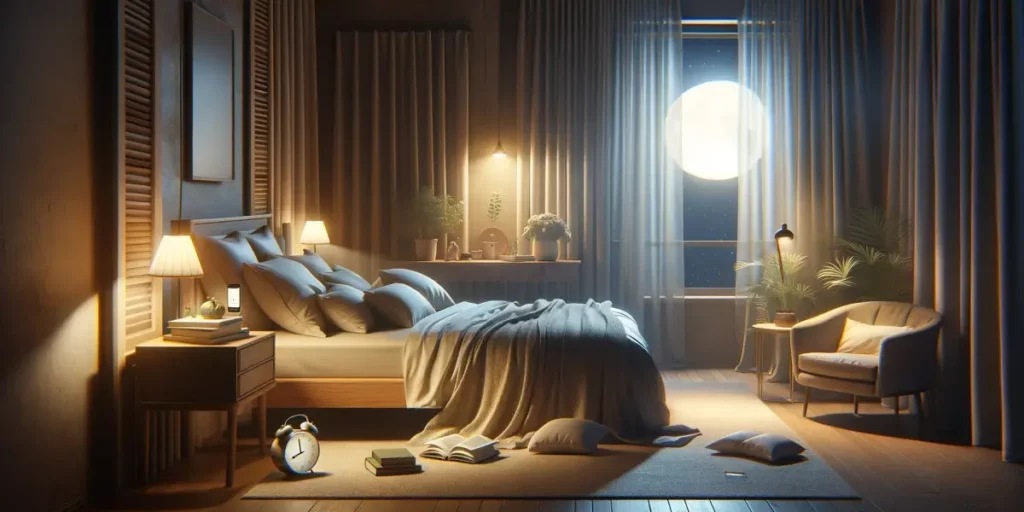 A tranquil bedroom scene at night, showcasing a serene and technology-free environment. The room is softly lit by a bedside lamp, casting a warm glow