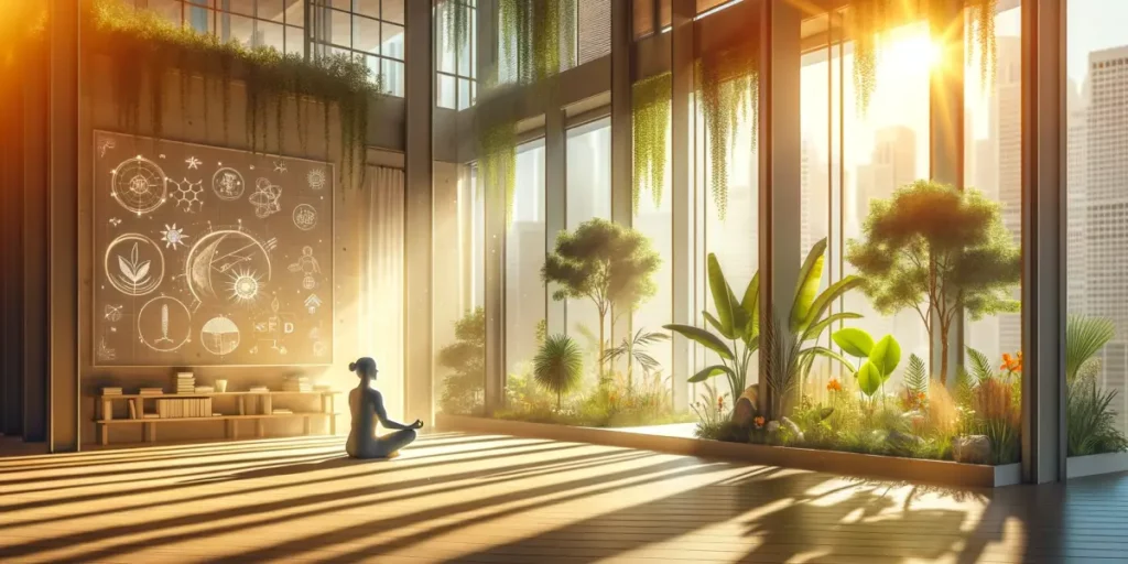A tranquil scene depicting the importance of natural light in daily life. The image features a spacious, sunlit room with large windows, allowing ampl