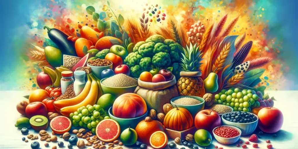 A vibrant and visually appealing illustration that conveys the importance of dietary fiber in a healthy lifestyle. The image should depict a variety o