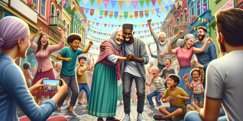 A vibrant scene of a street festival where people of different descents are celebrating each other's happiness. In the center, an elderly Hispanic wom
