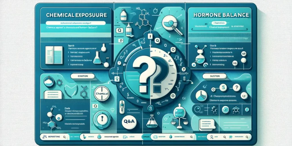 A visually engaging and informative illustration for a Q&A session about chemical exposure and hormone balance. The image features a panel-style setup