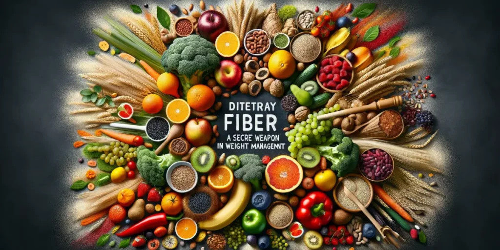 A visually striking and memorable image illustrating the concept of dietary fiber as a secret weapon in weight management. The image should depict a v