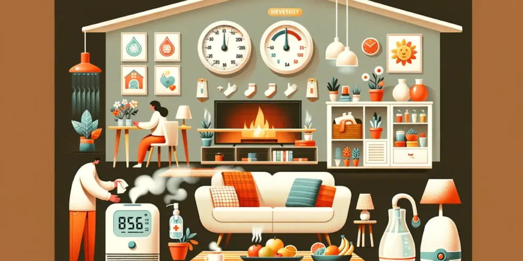 A warm and cozy living room during winter, illustrating various tips for maintaining respiratory health. The room features a thermostat set at a comfo