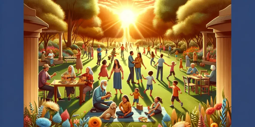 A warm and inviting scene depicting the concept of sharing and expanding happiness. The image features a diverse group of people of various ages and e