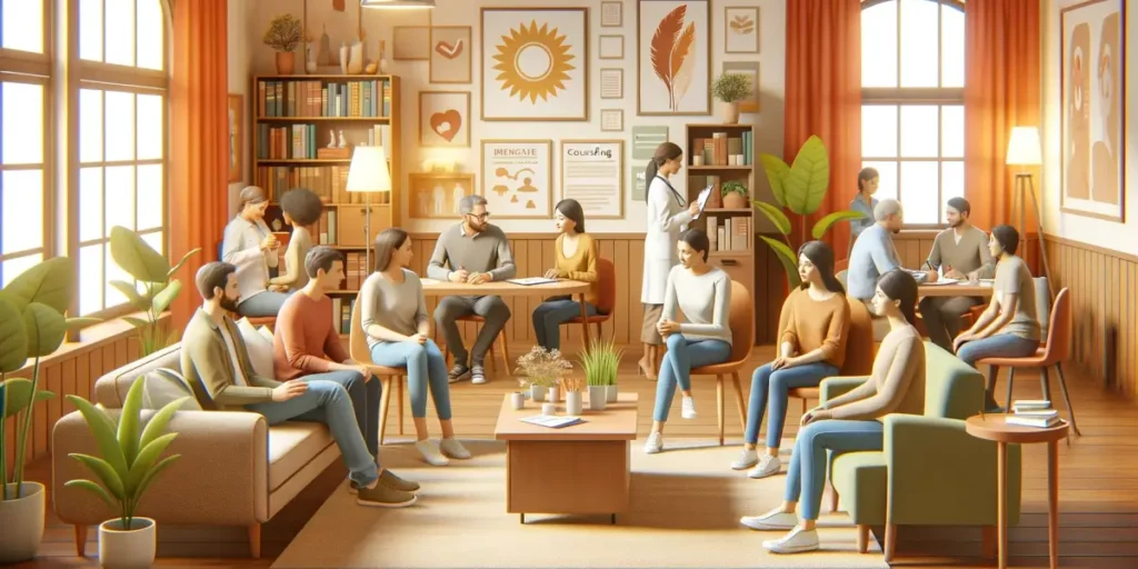 A warm and supportive environment for patients with personality disorders and their families, depicted as a cozy counseling room with comfortable seat