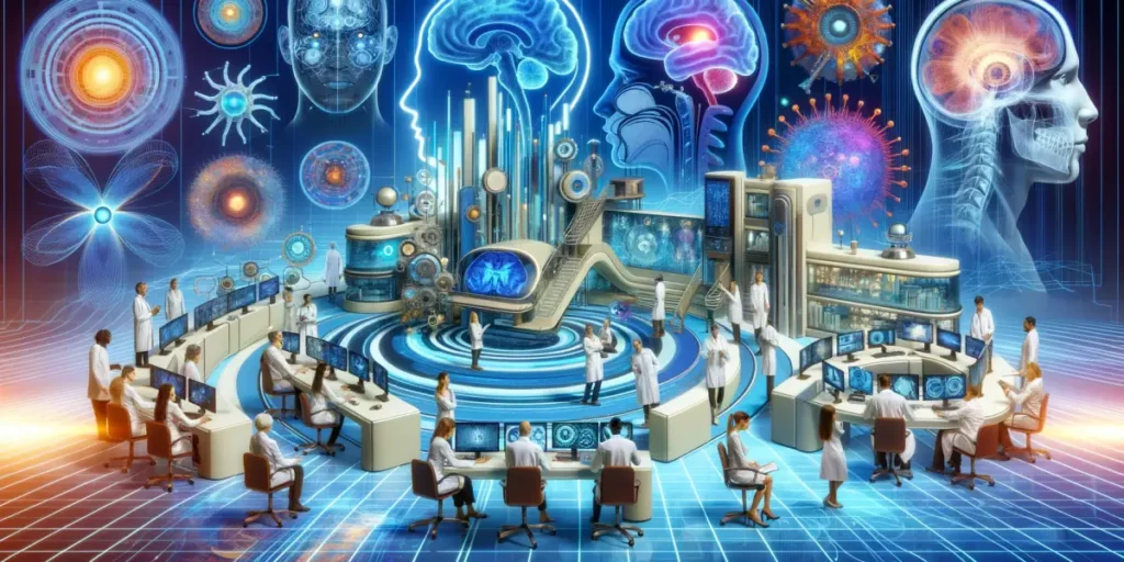 An abstract representation of future research directions in personality disorders, showcasing various futuristic laboratory settings, advanced neuroim
