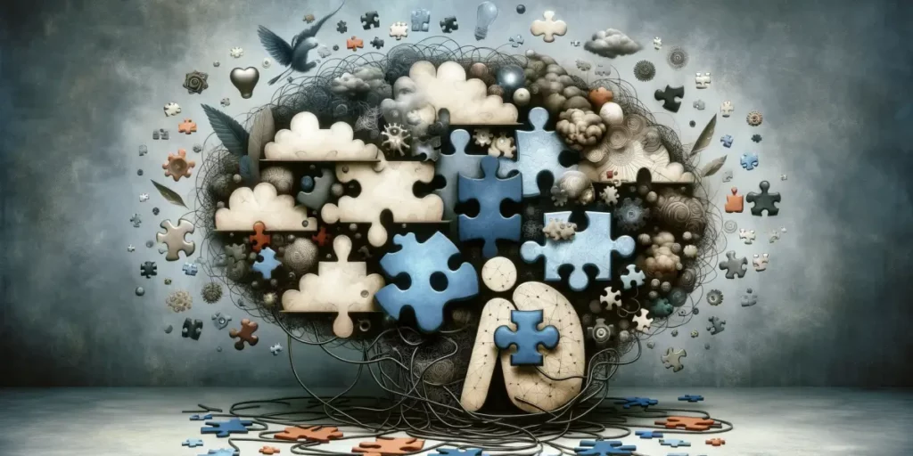 An abstract representation of mental health as a complex puzzle. The image features various puzzle pieces scattered and interconnected, symbolizing th