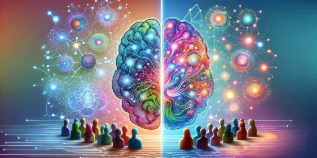 An abstract representation of the psychological perspective of knowledge sharing. The image is divided into two halves. The left side illustrates a hu