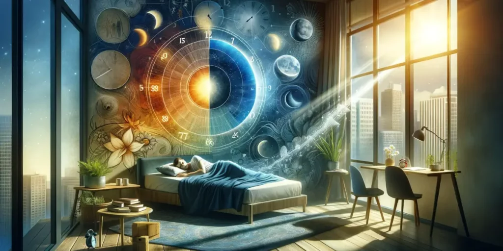 An artistic illustration depicting the secrets of a healthy sleep rhythm influenced by natural light and sleep patterns. The image should visually rep