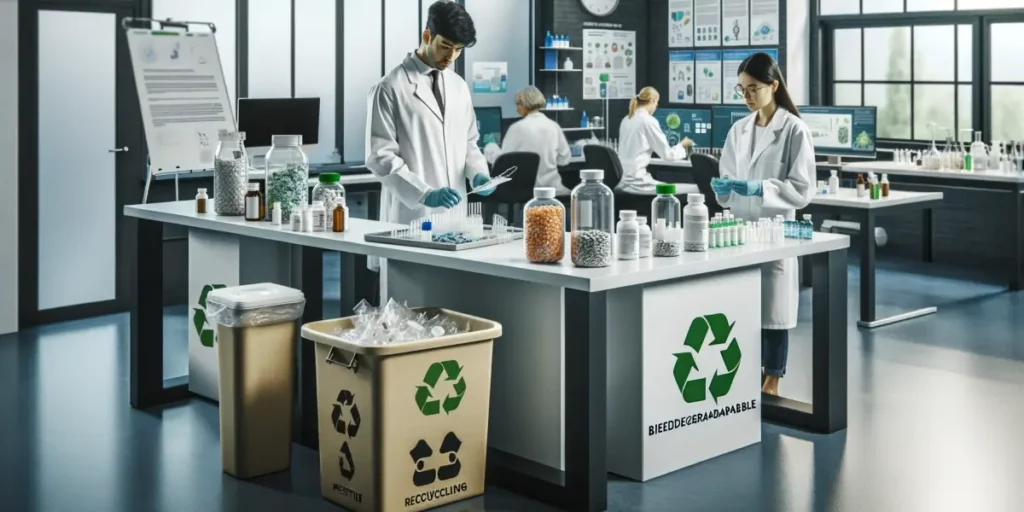 An eco-friendly pharmaceutical packaging and waste reduction strategy scene in a laboratory. The lab is modern and well-lit, with scientists, one Asia