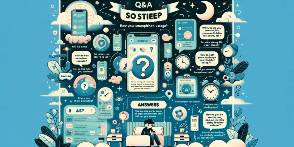 An educational Q&A infographic about reducing smartphone usage and improving sleep. The layout should be horizontal, with distinct sections for questi