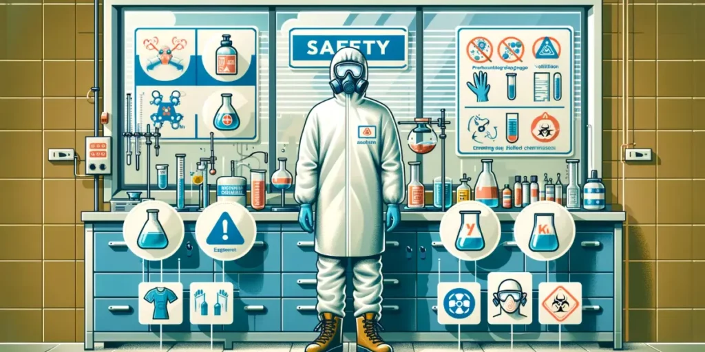 An educational illustration showcasing various methods of protecting oneself from chemical exposure. The scene includes a laboratory setting with a pe