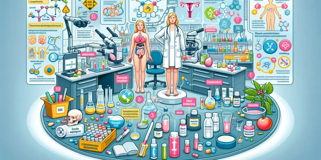 An educational illustration showing various aspects of endocrine disruptors (EDCs). The image should include a visual representation of EDCs in everyd