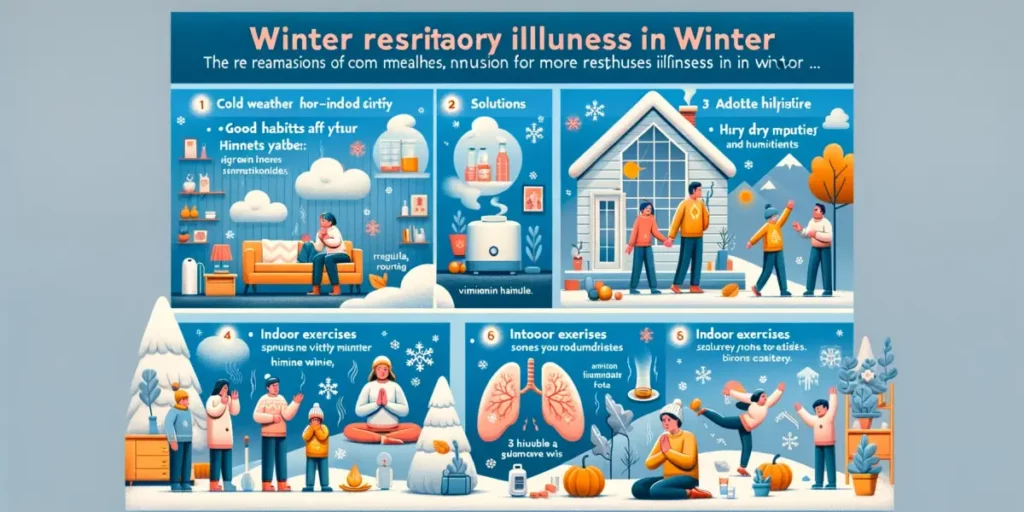An educational infographic focused on winter respiratory illness prevention and care, divided into six sections for different questions and answers. T
