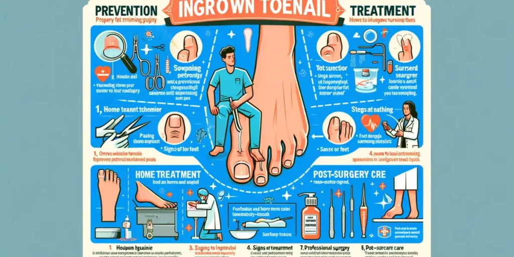 An educational infographic on how to effectively deal with ingrown toenails, covering prevention, treatment, and post-surgery care. The infographic in