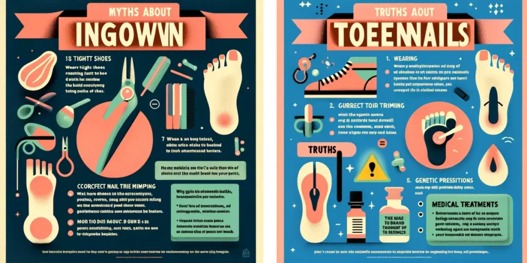 An educational infographic titled 'Myths and Truths About Ingrown Toenails'. The left side is labeled 'Myths' and illustrates common misconceptions ab