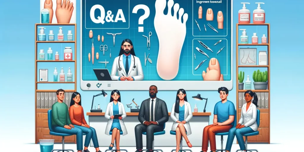 An illustration depicting a Q&A session about ingrown toenails. The image shows a large screen displaying a question about ingrown toenails, surrounde