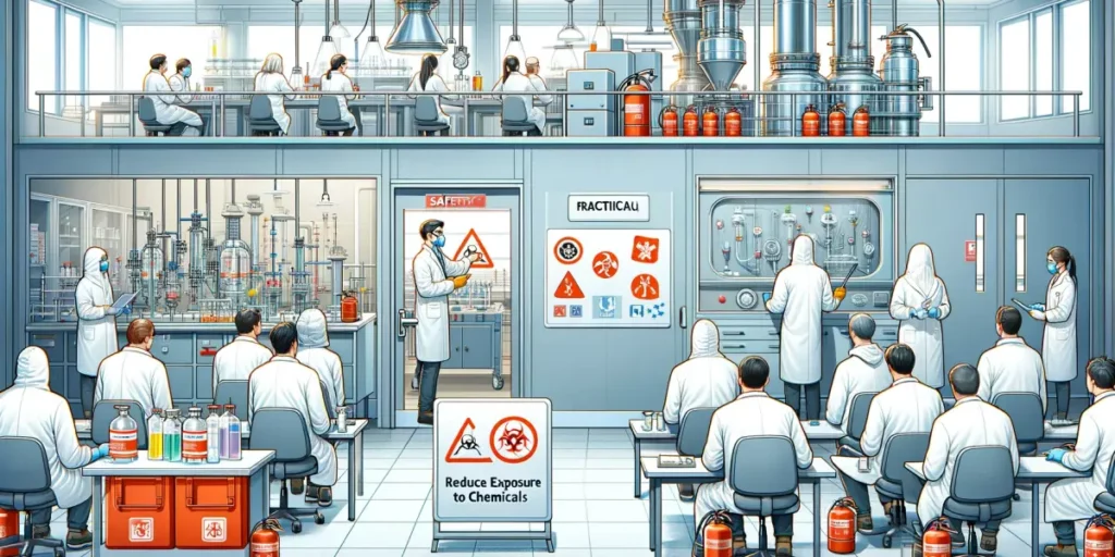 An illustration depicting practical measures to reduce exposure to chemicals. The scene shows a modern laboratory with scientists wearing protective g