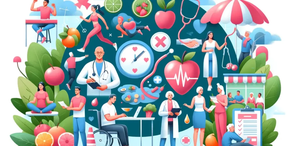 An illustration depicting the concept of healthy lifestyle habits for cancer prevention. The image includes a diverse group of individuals engaging in