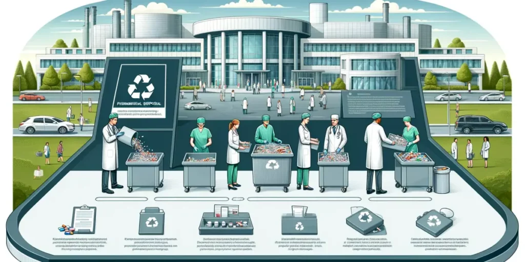 An illustration depicting the process of pharmaceutical disposal through hospitals and clinics. The scene includes a large, modern hospital building w