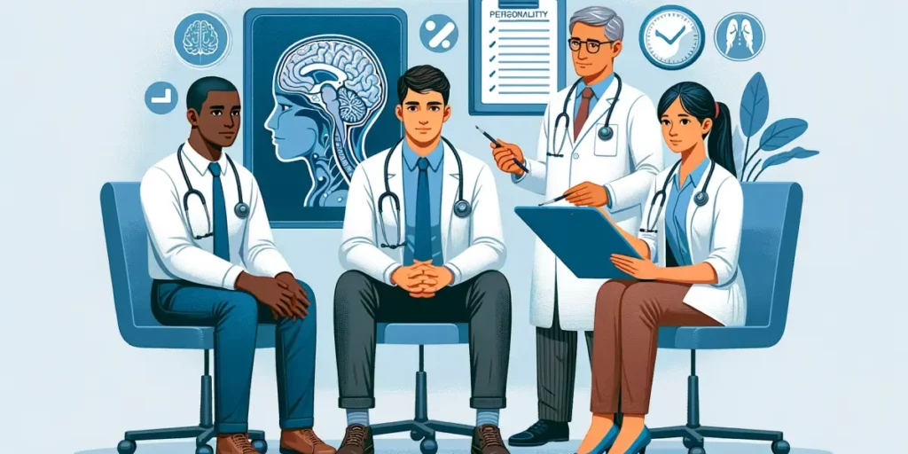 An illustration of a clinical setting with a diverse group of healthcare professionals including a Black male psychiatrist, an Asian female