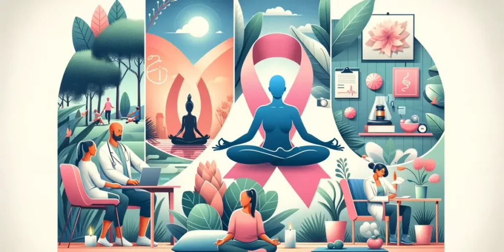 An illustration representing stress management and cancer prevention. The image shows a calm, serene setting with people practicing yoga and meditatio